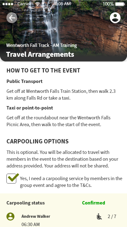 Picture of Screen of Travel arrangement and carpooling option